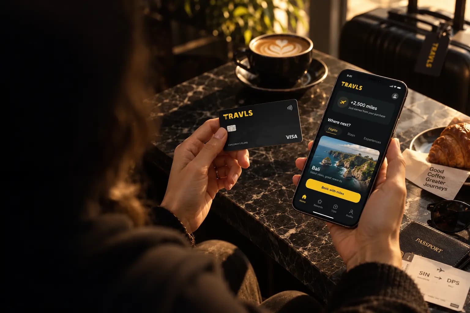 A Travls card held beside a phone showing the Travls app's miles balance and a Bali booking