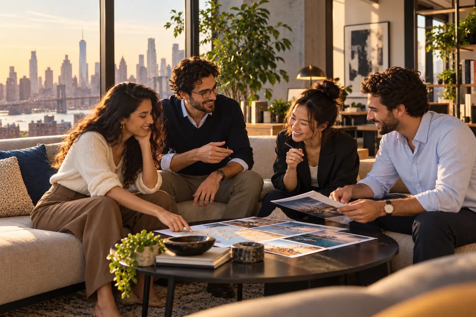 Four Travls colleagues laughing over travel photographs in a lounge, with the New York skyline behind them