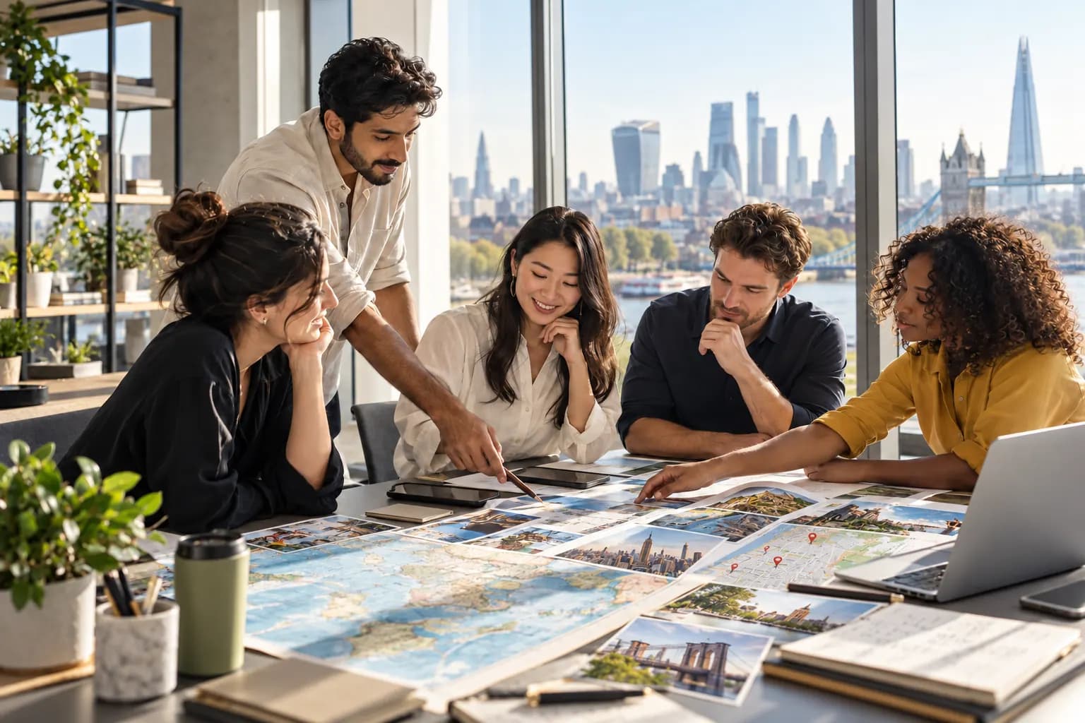 Travls colleagues planning around a table of maps and city photographs, with the London skyline behind them