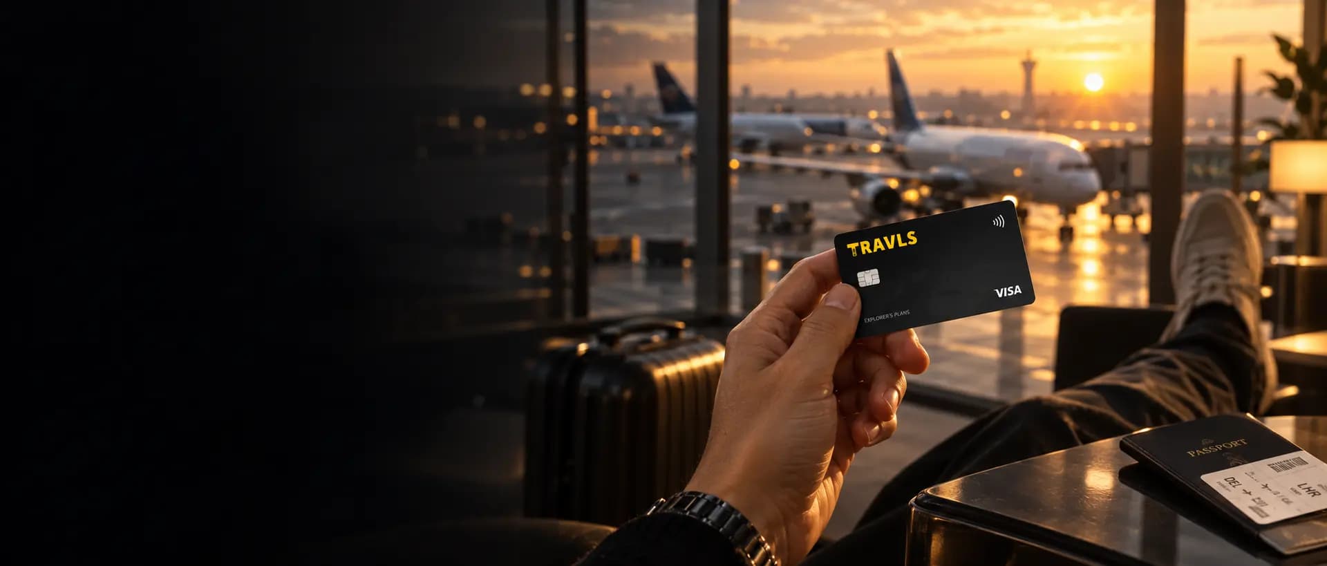 A traveller holding a black Travls card at an airport window at sunset, aircraft on the apron beyond