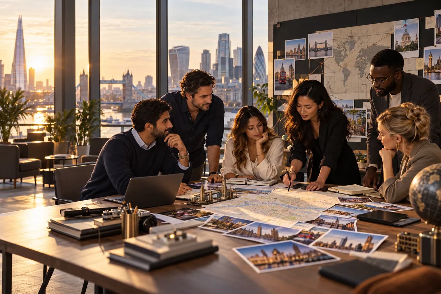 The Travls team gathered around a table of maps and city photographs at sunset, with Tower Bridge and the Shard behind them